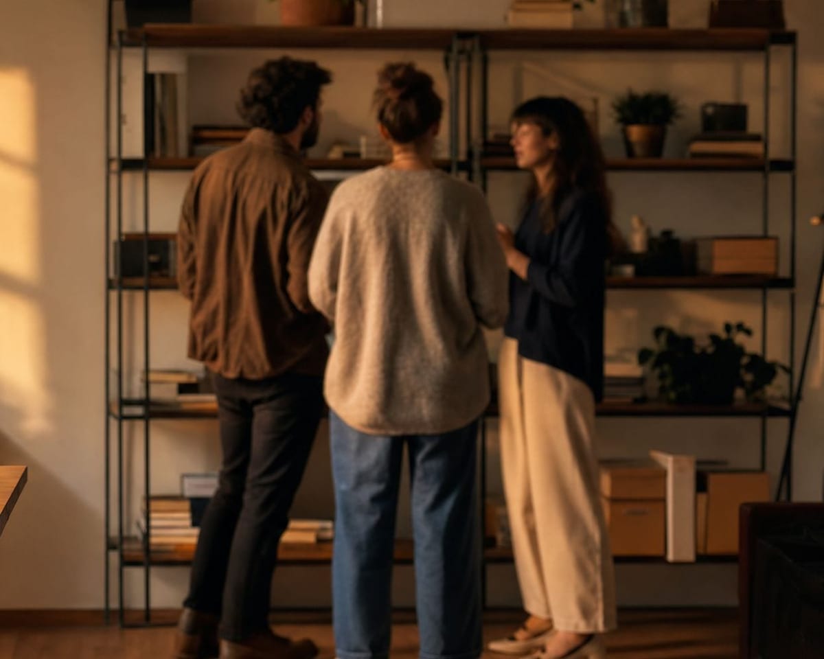 Three colleagues talking beside a shelving unit in a warm, plant-filled studio office.