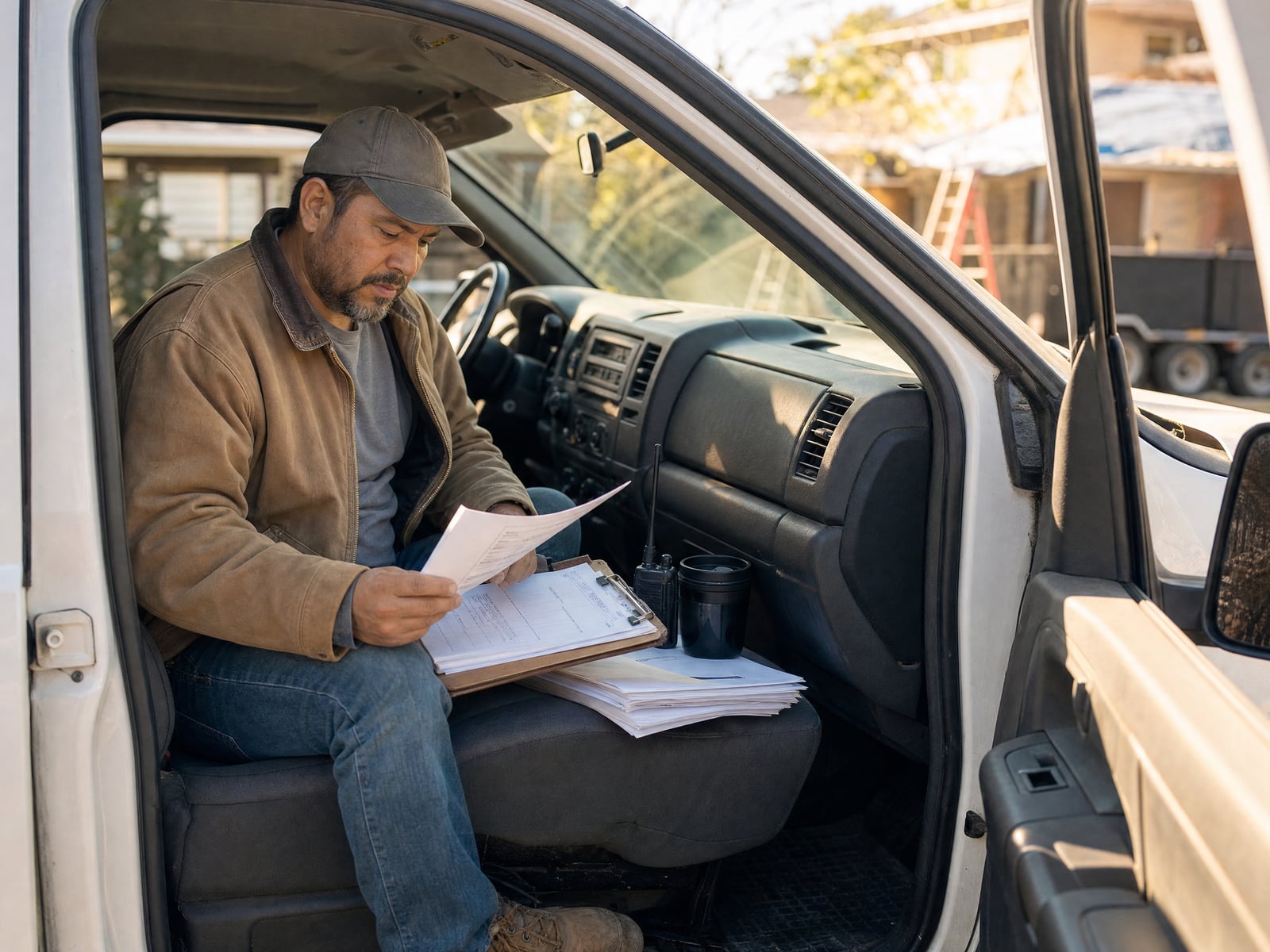 A man in a work jacket and ballcap sits in the open driver's-side door of a white pickup truck, reviewing a paper work order on a clipboard balanced on the passenger seat next to a stack of invoices, a coffee cup, and a handheld radio.